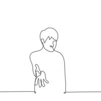 man extended his hand to the viewer - one line drawing vector. concept to offer or ask for help vector