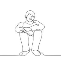 man sits on the floor with his arms crossed and looks at the viewer - one line drawing vector