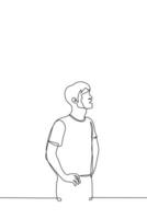 man stands with hands on hips and watches something with his mouth open - one line drawing vector. concept of observation, do not take your eyes off the target, hold attention, peer into the distance vector