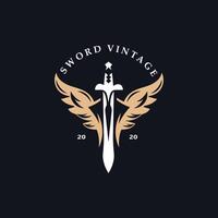 Sword vintage logo design. illustration sword element, can be used as logotype, icon, template coat of arms concept vector