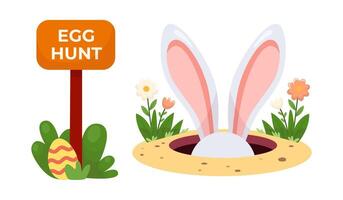 Ears rabbit in hole and pointer with Easter egg vector