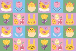 Minimalistic geometric Easter pattern with dyed eggs, chiken, rabbit, flower vector