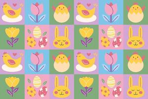 Minimalistic geometric Easter pattern with dyed eggs, chiken, rabbit, flower vector