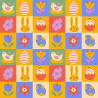 Minimalistic geometric Easter pattern with rabbit, flower, chick, eggs vector