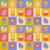 Minimalistic geometric Easter pattern with rabbit, flower, chick, eggs vector