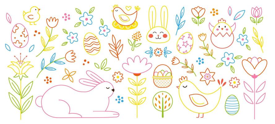 Colorful big of set Easter symbol in doodle style