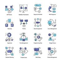 conjunto de dieciséis garabatear íconos representando trabajo procesos vector