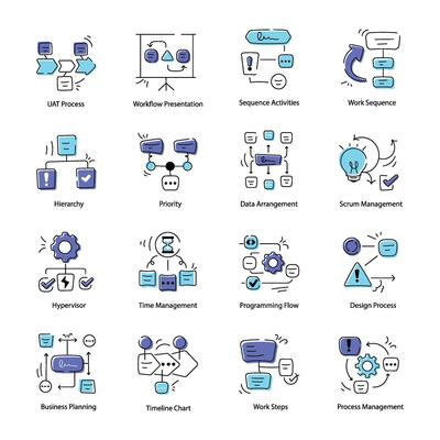Set of 16 Doodle Icons Depicting Work Processes