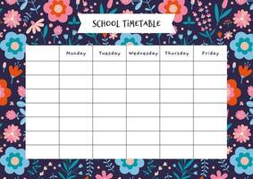 Cute school timetable with with spring vibe and flower pattern, cartoon style. Lesson schedule for 5 days. Trendy modern vector illustration, hand drawn, flat