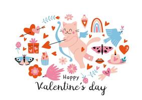 Various romantic objects like cupid cat, hearts and gifts, cartoon style. Valentine's Day concept. Design for greeting card. Trendy vector illustration isolated on white, hand drawn, flat