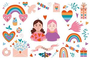 Loving lesbian couple and various lgbt romantic objects around, cartoon style. Concept of homosexual love. Trendy vector illustration isolated on white, hand drawn, flat