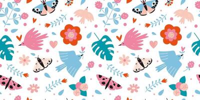 Floral seamless pattern with cute birds, butterflies and flowers on a white background, cartoon style. Trendy modern vector illustration, hand drawn, flat