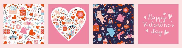 Set of elements for Saint Valentine's decoration, including seamless patterns and a composition of various romantic objects, cartoon style. Trendy modern vector illustration, hand drawn, flat