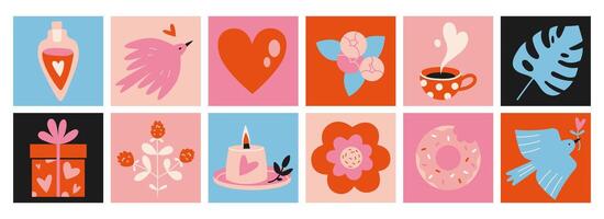 Set of romantic objects like heart, dove, candle and gift. Square colorful icons, cartoon style. Trendy modern vector illustration, hand drawn, flat