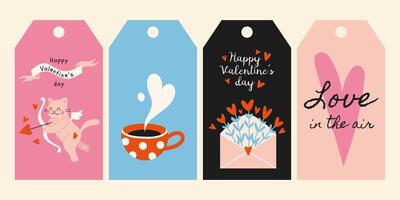 Santo San Valentín día regalo etiquetas y tarjetas encantador romántico elementos, dibujos animados estilo. de moda moderno vector ilustración, plano