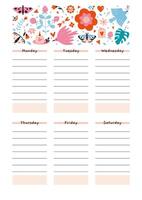 Cute weekly schedule for 6 days. Template with spring vibe, birds, butterflies, flowers, cartoon style.  Printable A4 paper. Trendy modern vector illustration, hand drawn, flat
