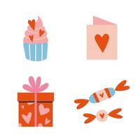 Romantic objects like Gift box, postcard, sweets. Saint Valentine's day presents set, cartoon style. Trendy modern vector illustration isolated on white background, hand drawn, flat