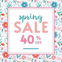 Spring sale 40 p.c. off banner template in pastel colors, cartoon style. Discount promotion layout poster for web or social media, advertising. Trendy modern vector illustration, hand drawn