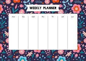 Cute weekly planner with spring vibe and flower pattern, cartoon style. Schedule for 7 days. Trendy modern vector illustration, hand drawn, flat