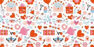 Saint Valentine's seamless pattern with cute romantic elements on a white background, cartoon style. Trendy modern vector illustration, hand drawn, flat