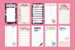 Set of trendy editable planner, schedule, check list, gratefut list, to do and places for note. Vector stock illustration, cartoon style. Cute templates for stories with spring vibe.