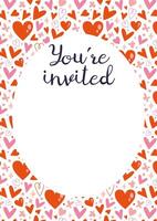 Invitation Card Template, You are invited, with heart pattern, cartoon style. Trendy modern vector illustration, hand drawn, flat