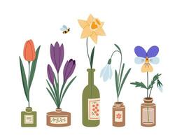 Set of spring flowers in different bottles, cartoon style. Trendy modern vector illustration isolated on white background, hand drawn, flat