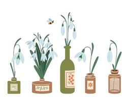 Set of snowdrops, first spring flowers in different bottles, cartoon style. Trendy modern vector illustration isolated on white background, hand drawn, flat