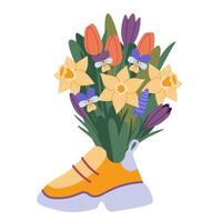 Bouquet of spring flowers with daffodils and tulips in a sneaker, cartoon style. Trendy modern vector illustration isolated on white background, hand drawn, flat