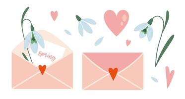 Set with snowdrops, envelope and hearts. First spring flowers, cartoon style. Trendy modern vector illustration isolated on white background, hand drawn, flat