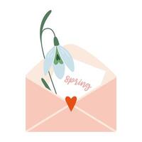 Snowdrops in envelope with hearts. First spring flowers, cartoon style. Trendy modern vector illustration isolated on white background, hand drawn, flat