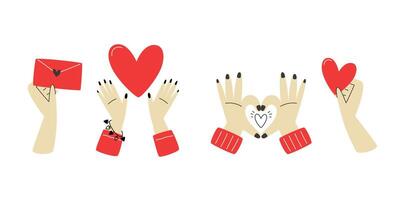 Set of hands holding envelope, heart for valentine's day vector