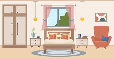 Cozy bedroom. Bedroom interior, bed, soft chair, carpet, potted plants, wardrobe, window overlooking the summer. Interior concept. Vector flat illustration.