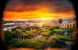 View of the central park of Granada at sunset. Beautiful view of central park of Granada from the viewpoint. Tourist places in Granada, Nicaragua photo