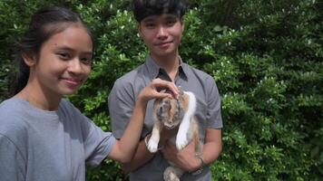 Asian young teen brother and sister enjoy caring a cute rabbit which is carrying in his hands. Adolescent wellbeing lifestyle. Bonding and trust between human and pets. video