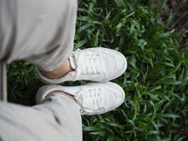 white canvas shoes on green and wooden backgrjound classic style easy and smooth life style photo