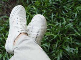white canvas shoes on green and wooden backgrjound classic style easy and smooth life style photo