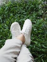 white canvas shoes on green and wooden backgrjound classic style easy and smooth life style photo