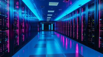 AI generated Large server room. Black and blue neon colors photo