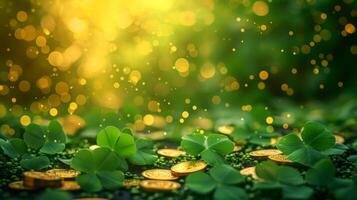 AI generated Blurred magical background with green clover leaves and gold coins and large space for text photo