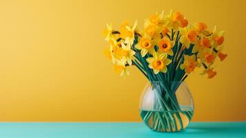 AI generated Bouquet of Daffodils in a glass vase on a minimalistic bright background photo