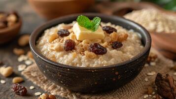 ai generado harina de avena con mantequilla y Pasas foto