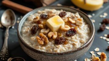 AI generated Oatmeal with butter and raisins photo