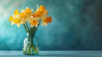 AI generated Bouquet of Daffodils in a glass vase on a minimalistic bright background photo