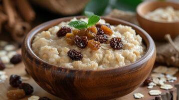 ai generado harina de avena con mantequilla y Pasas foto