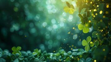 AI generated Blurred magical background with green clover leaves and gold coins and large space for text photo