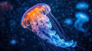 AI generated Neon jellyfish swims in blue ocean water photo