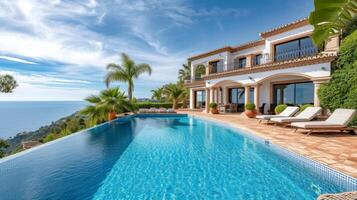 ai generado hermosa Español villa con piscina y puntos de vista de el Mediterráneo mar foto