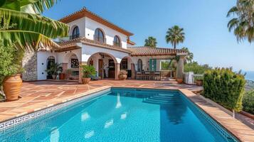 ai generado hermosa Español villa con piscina y puntos de vista de el Mediterráneo mar foto