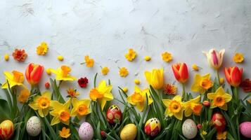 AI generated Beautiful Easter background for advertising with daffodils, tulips and colorful Easter eggs. photo